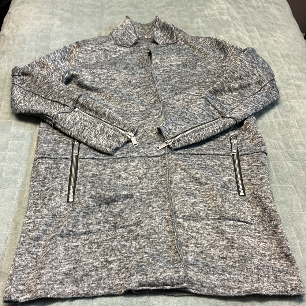 DKNY Mid-Length Sweater, Cardigan, Gray, Soft, Like New, Moto, Spacedye, Size S
